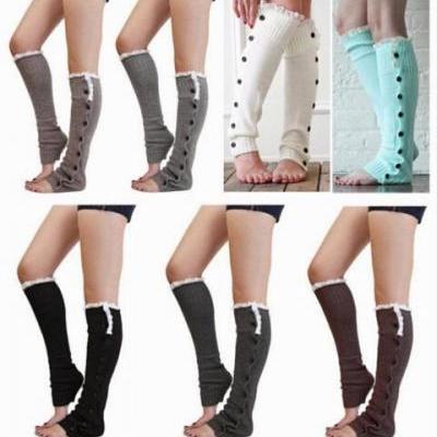 Women's Crochet Knit With Button Leg Warmers Lace Trim Toppers Boot Socks Cuffs