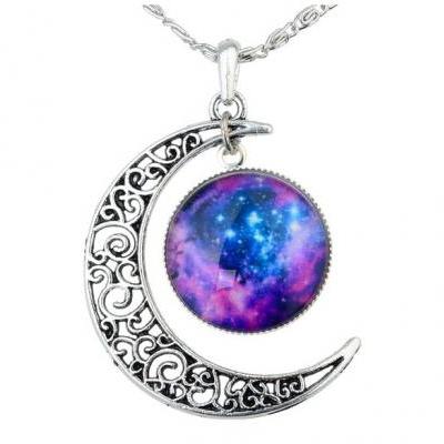 Blue Purple Women's Crescent Moon Galactic Universe Cabochon Pendant Necklace Christmas Gift